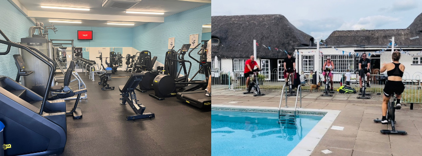Left side: interior of a gym with various exercise equipment like treadmills, ellipticals, and weight machines. Right side: outdoor scene with people exercising on fitness bikes near a swimming pool, with a building and cloudy sky in the background.
