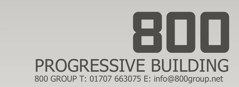 Logo for 800 Group, featuring large '800' and text 'Progressive Building' with contact information.