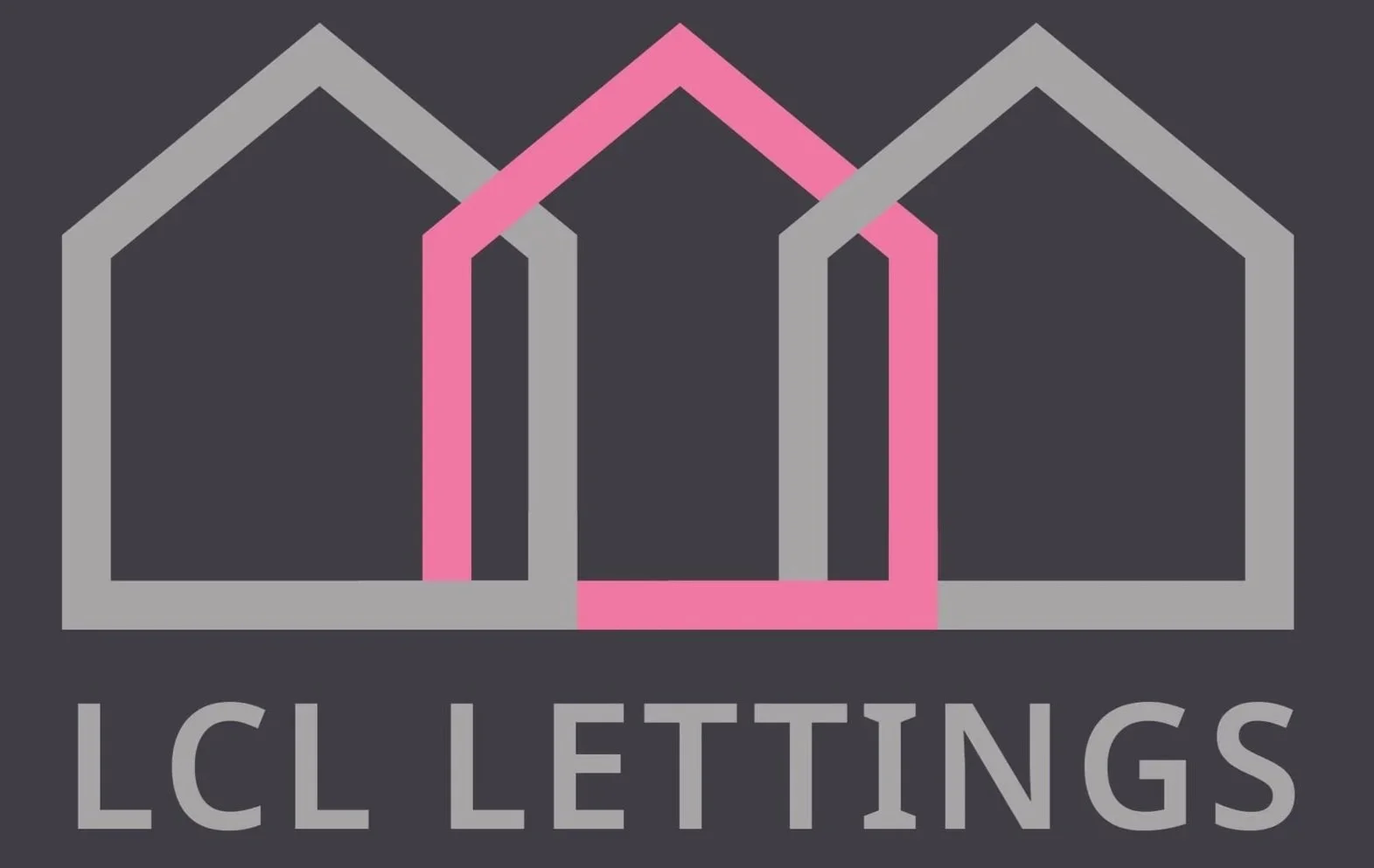 Logo for LCL Lettings featuring three house outlines, with the middle house in pink, on a dark background.