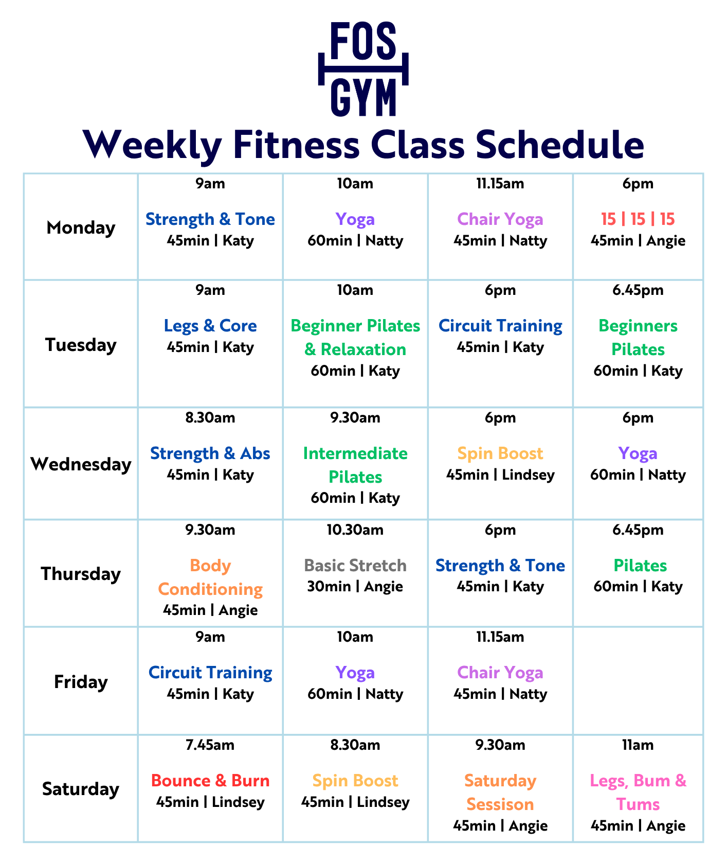 Weekly fitness class schedule for FOS GYM, listing different classes with times, instructors, and durations from Monday to Saturday.