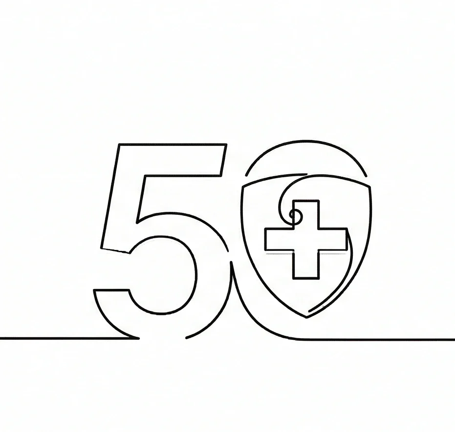 Illustrazione a filo continuo del numero 50 con croce svizzera per la sessione di consulenza strategica di 50 minuti con Ingryd.