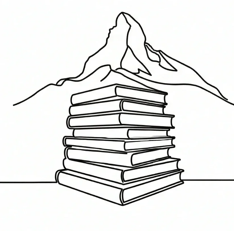 Disegno a linea continua di una pila di libri con il Cervino sullo sfondo, simbolo di percorsi di studio e formazione universitaria di alto livello in Svizzera.