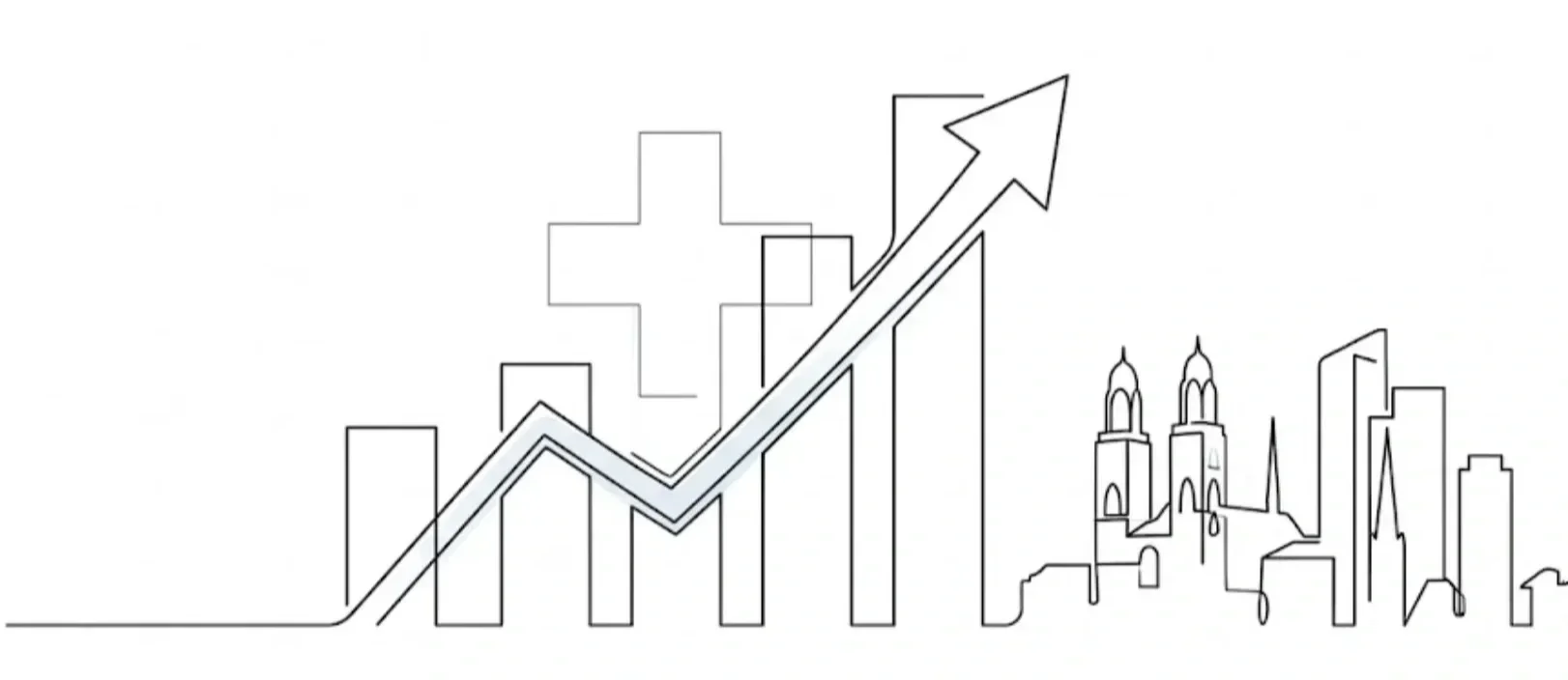 Illustrazione a linea continua che unisce un grafico di crescita aziendale allo skyline di una città svizzera con freccia verso l'alto, simbolo di strategia e consulenza business in Svizzera.