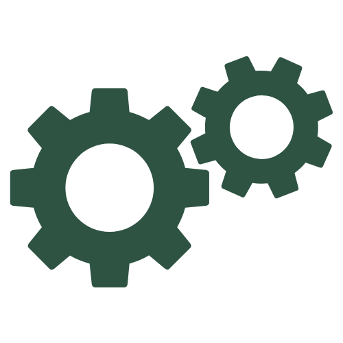 Two dark green gears interconnected against a black background.
