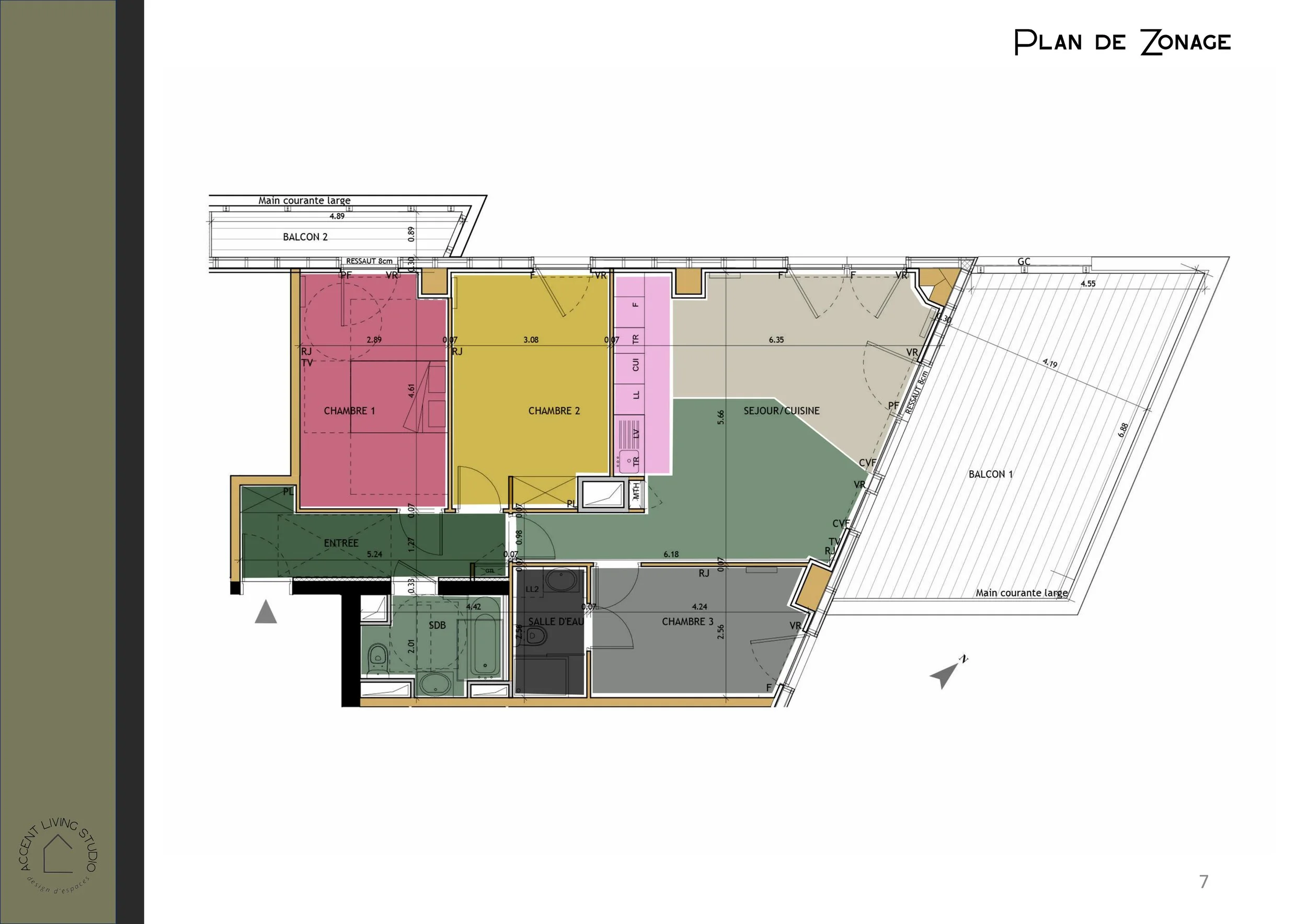 Plan de zonage d'un appartement avec plusieurs pièces colorées, incluant deux chambres, un séjour/cuisine, une salle d'eau, une salle de bain, et deux balcons.