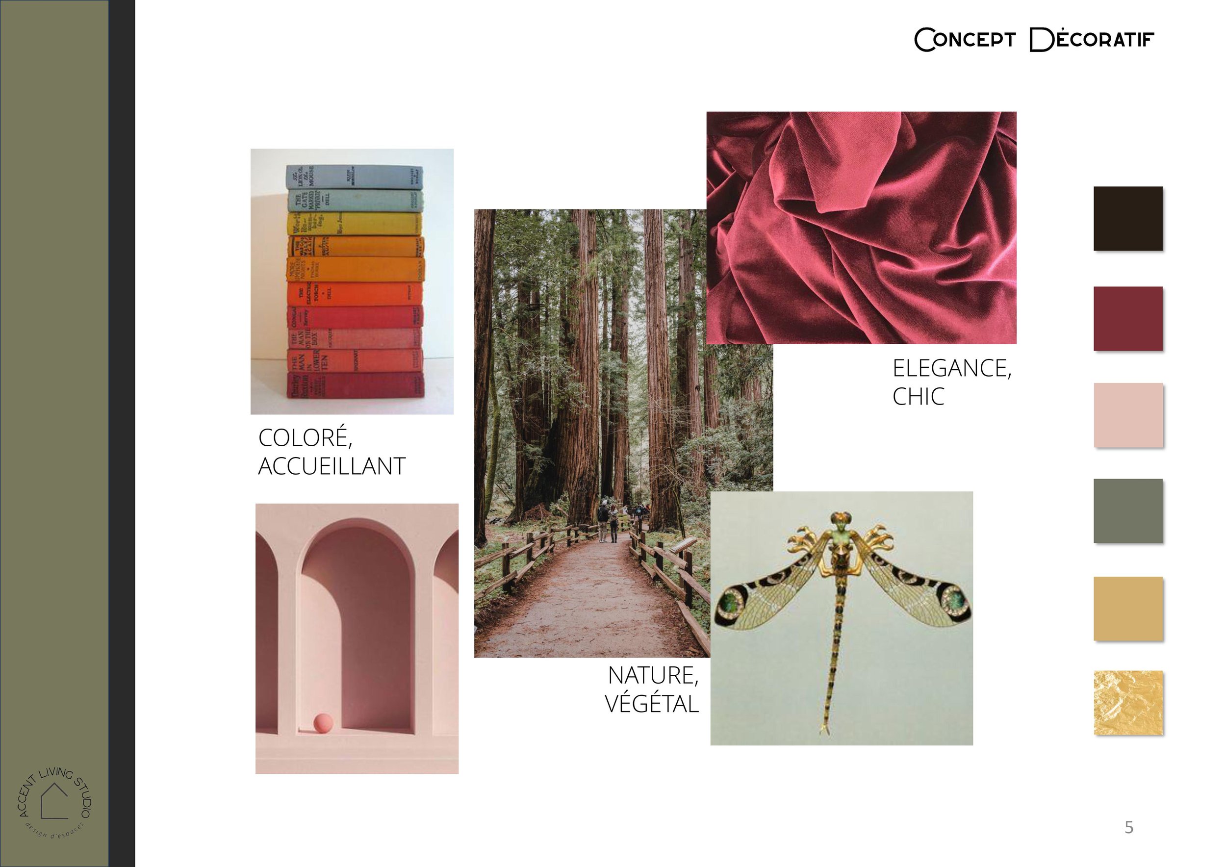 Une planche de moodboard de concepts décoratifs avec des images de livres colorés, un sentier dans une forêt, un tissu en velours rouge, une architecture en tonalités rose, une libellule, et une palette de couleurs associée.