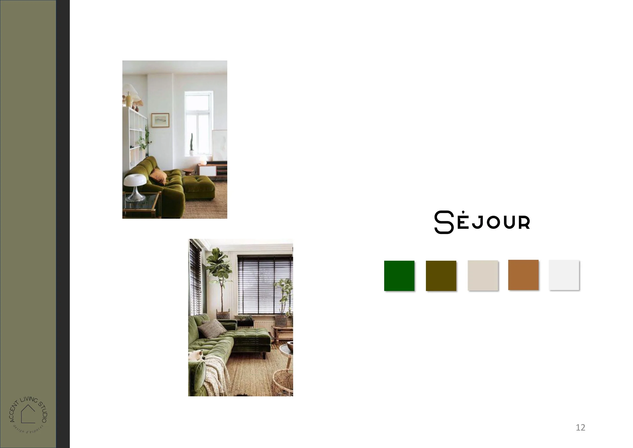 Deux images de salons avec des canapés verts. Le texte indique un thème "Séjour" avec une palette de cinq couleurs allant du vert foncé au blanc.