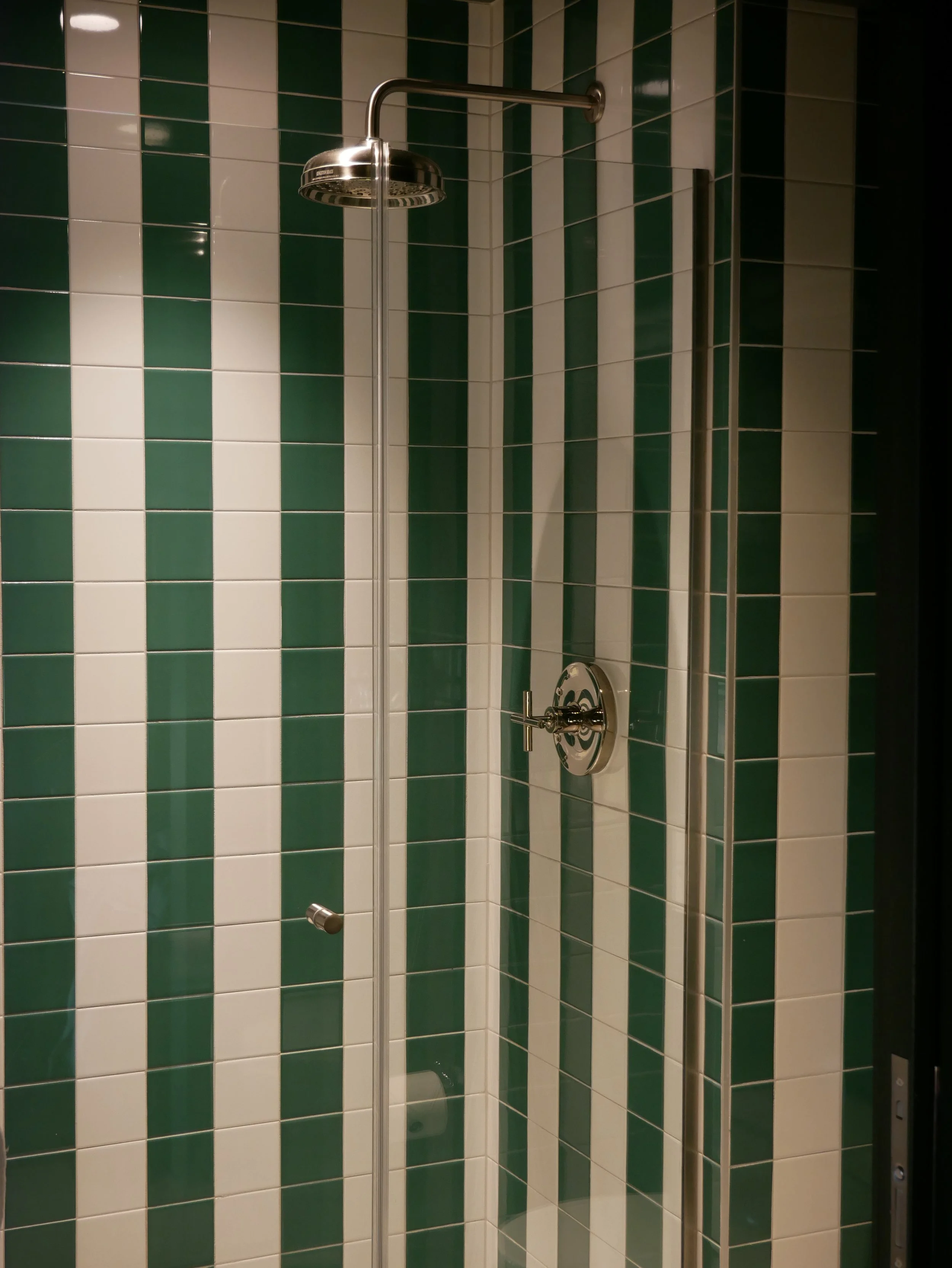 Cabine de douche avec mur en carreaux blancs et verts, pomme de douche en acier inoxydable, robinet et poignée de porte.