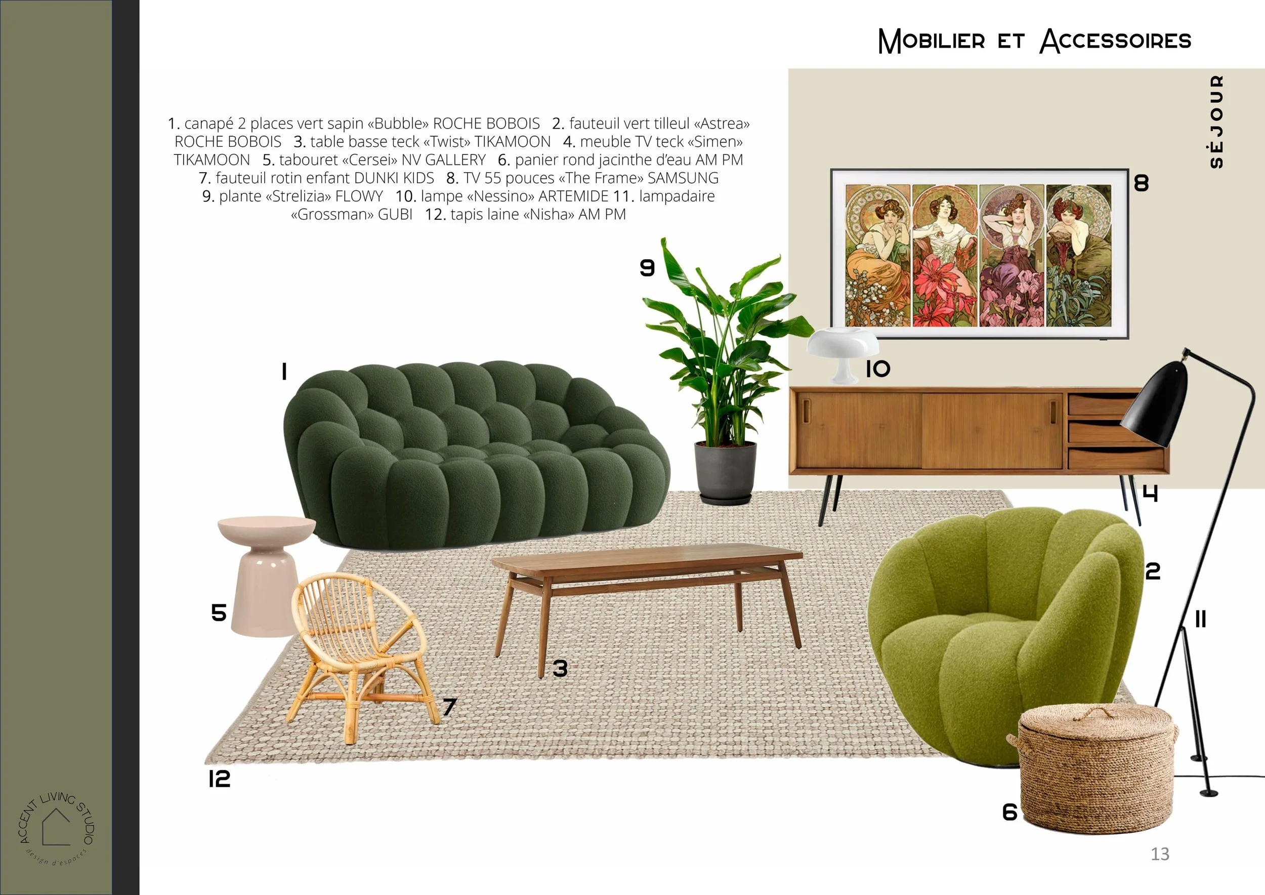 Un salon avec un canapé vert rond, une chaise en rotin, une table en bois, une armoire en bois, une plante verte, un tableau sur le mur, une lampe de bureau, un pouf en tissu et un tapis en laine.