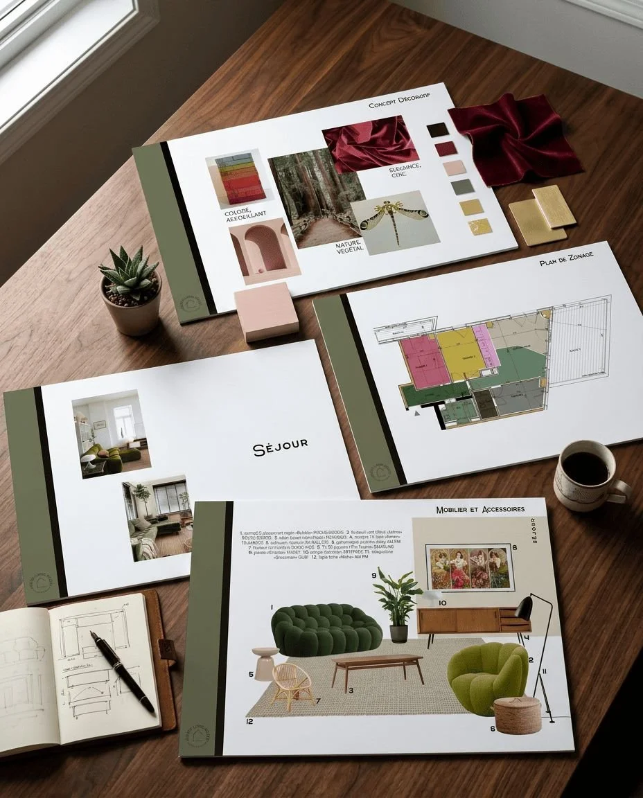 Les plans et idées décoratives pour une pièce ou un projet de design intérieur, avec échantillons de tissus, couleurs, mobilier et accessoires, disposés sur une table en bois, accompagnés d'une petite plante en pot, un carnet de croquis, et une tasse de café.