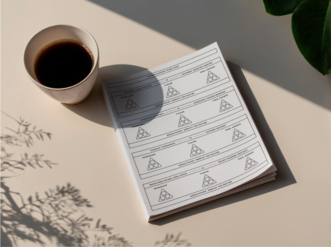 Triangulation worksheet for blind taste tests and identifying coffees in a gamified ILT experience. There is a cup of coffee next to the document.