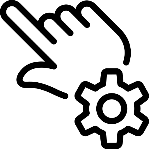 Black and white line drawing of a hand pointing to touch, next to a gear symbolizing a working hand.