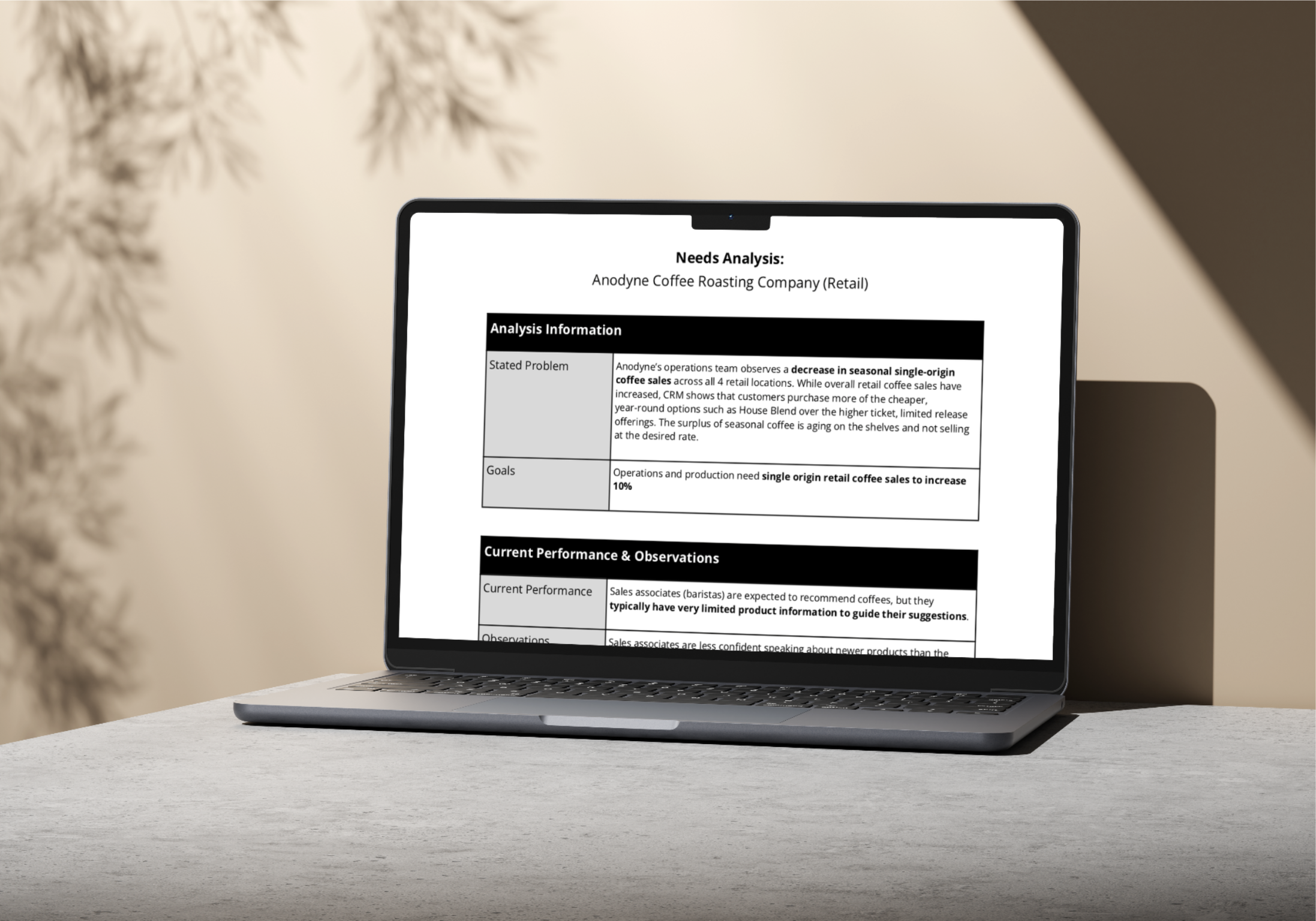 Needs Analysis for Anodyne Coffee's retail business. The needs analysis shows business is facing a decrease in seasonal single-origin coffee sales. Goal is to increase these sales by 10%. Current Performance and Observations also listed.