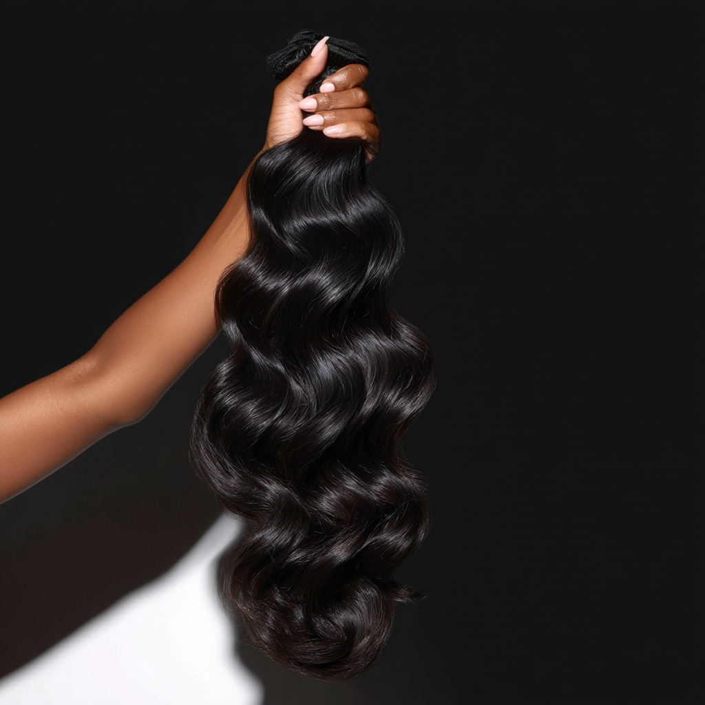 A hand with well-manicured nails holding a bundle of long, wavy black hair against a black background.