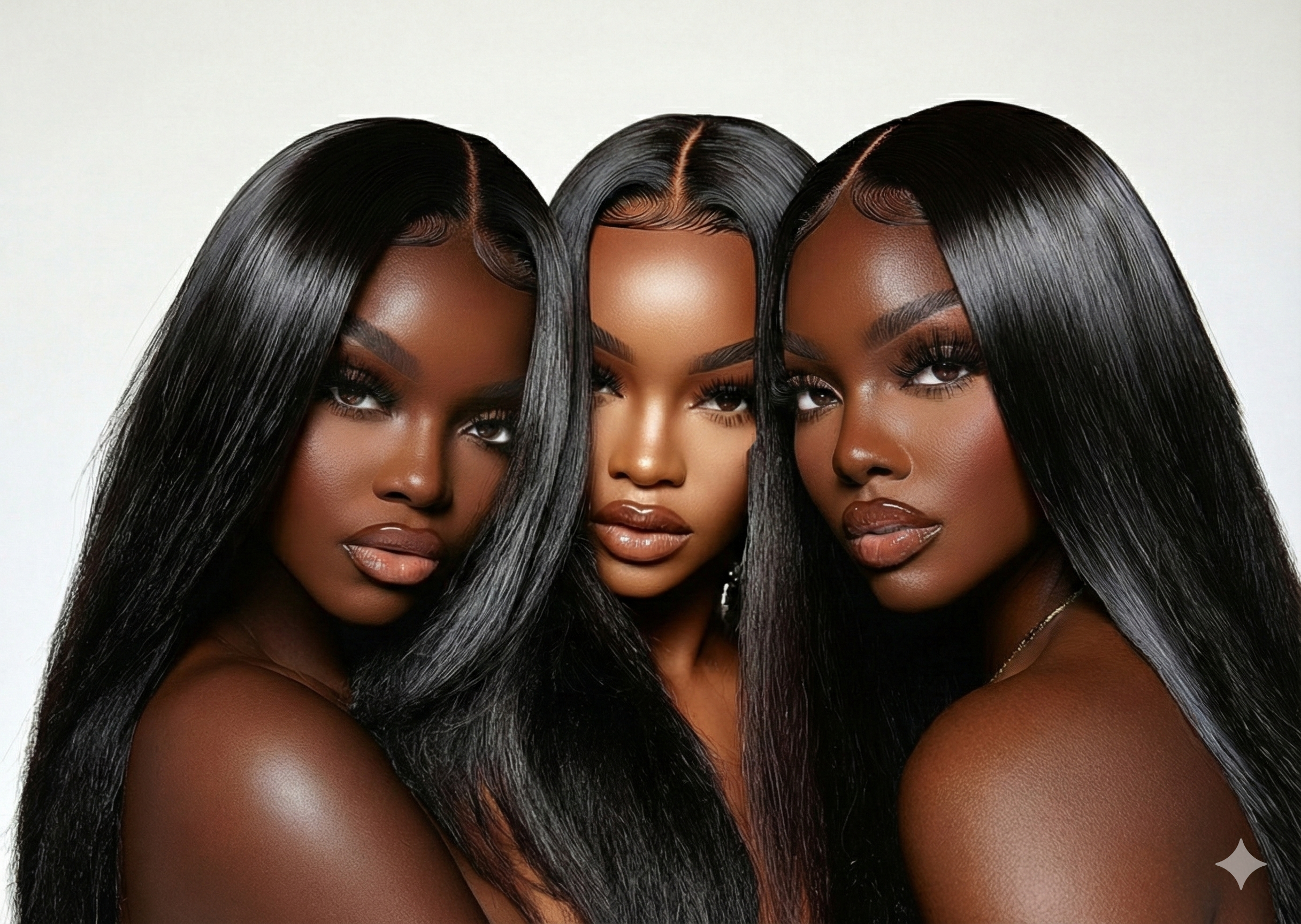 Three women with long, straight black hair and brown skin posing closely together against a plain white background.