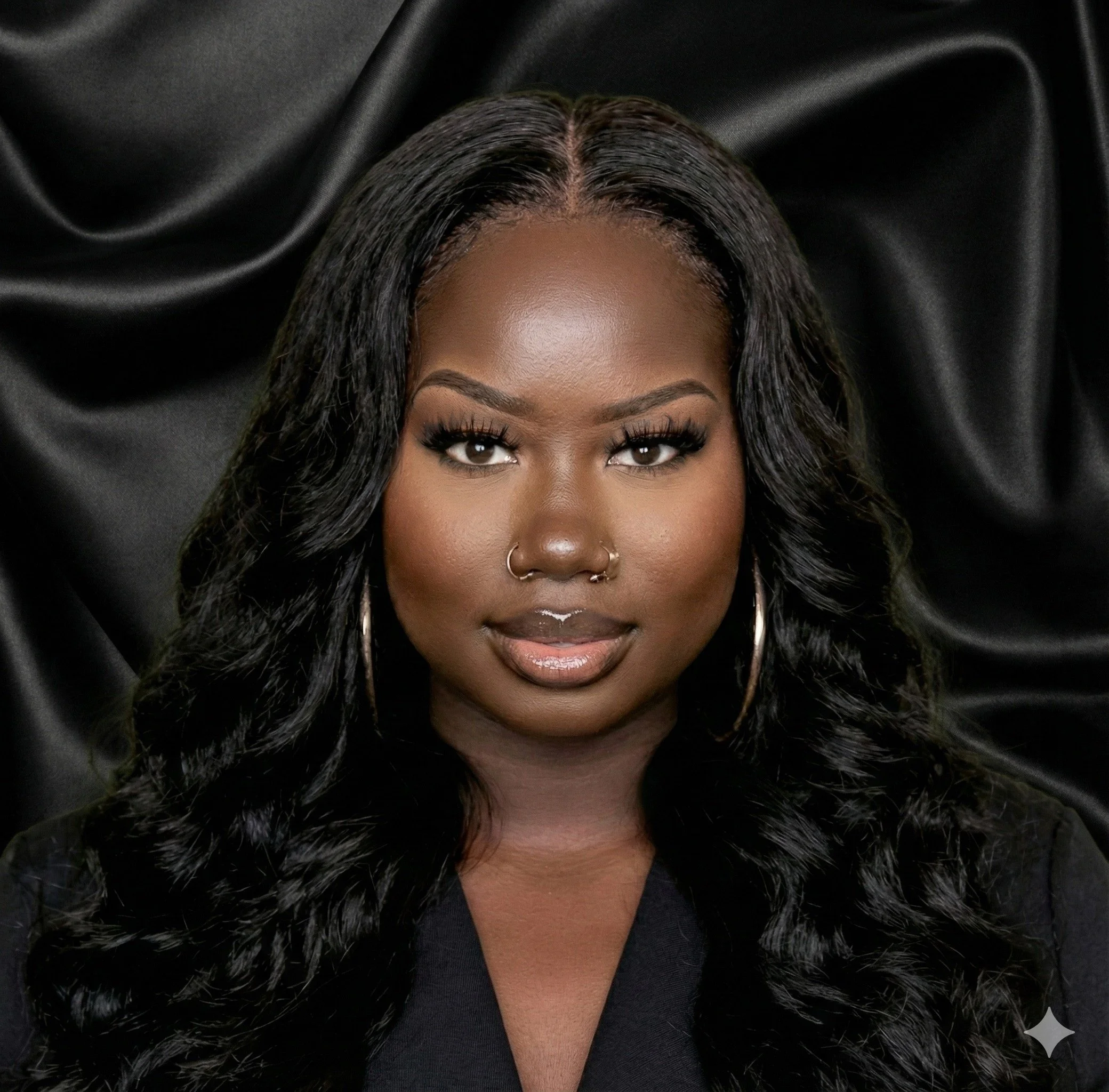 A Black woman with long, wavy black hair, wearing hoop earrings and a nose ring, posing against a black satin backdrop.