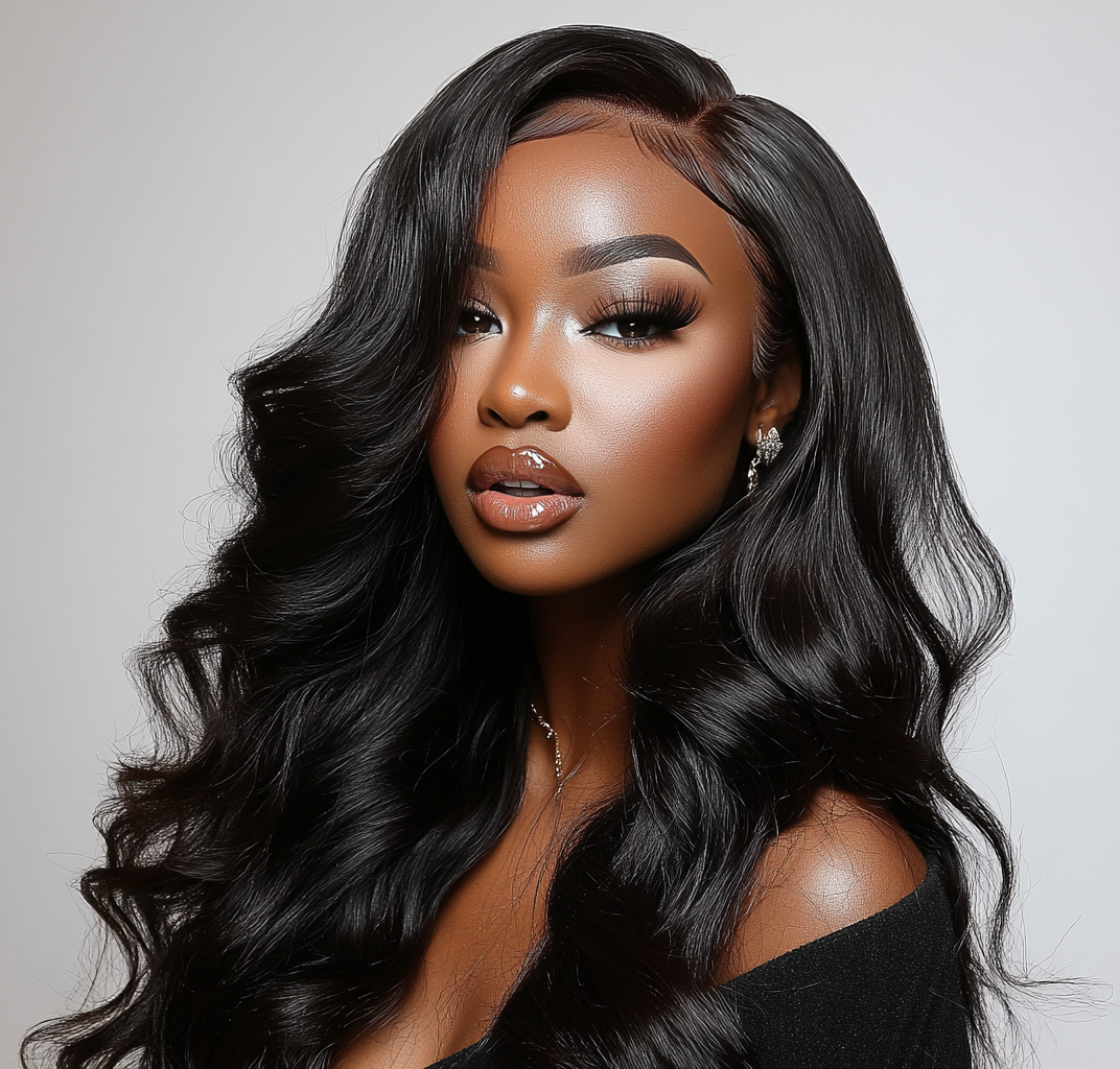 Portrait of a woman with long, wavy black hair, wearing makeup with bold eyebrows, long eyelashes, and glossy lips, accessorized with earrings, against a plain background.