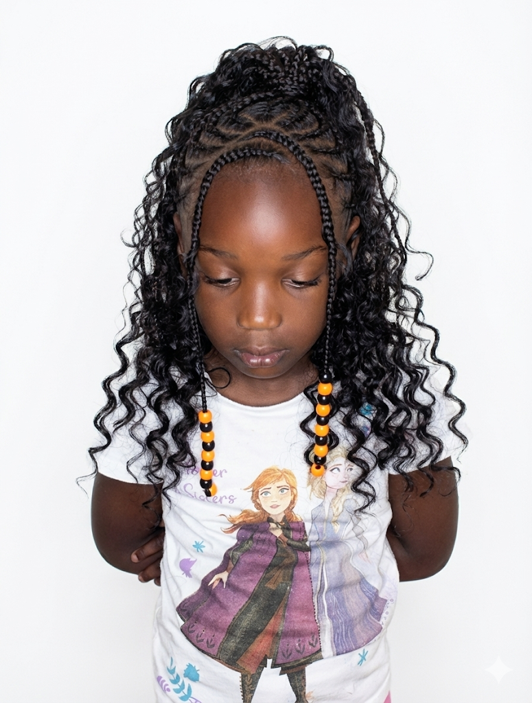 Young girl with curly hair and cornrows, wearing a white T-shirt with a cartoon princess print, looking downward with hands behind her back.