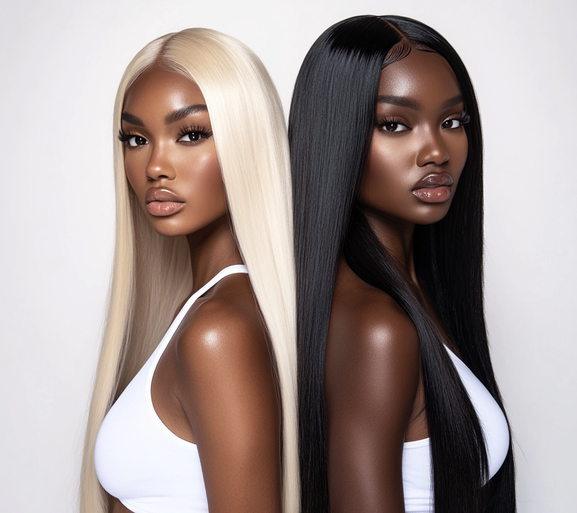 Two women with long, straight hair, one with platinum blonde hair and the other with black hair, posing against a plain background.