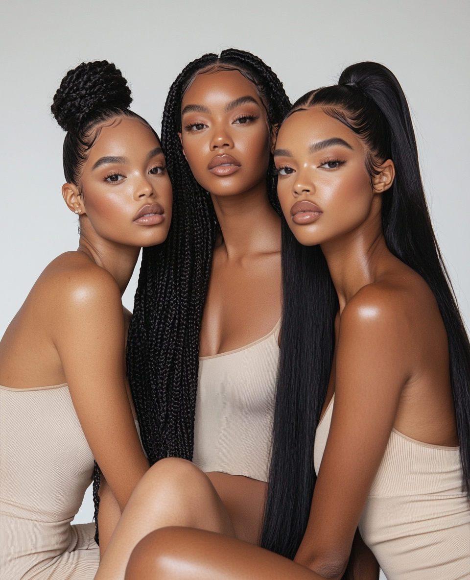 Three women with long, straight and braided hairstyles posing together against a plain background.