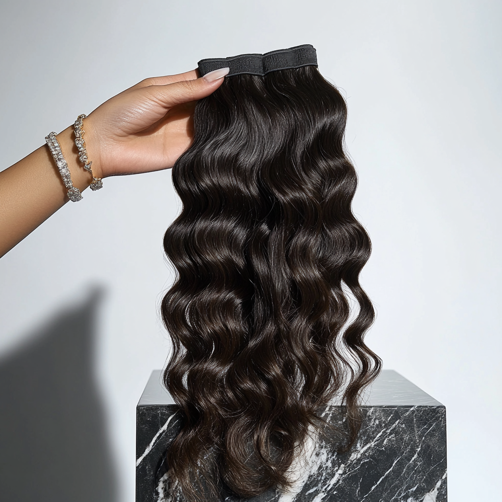 Wavy dark brown hair extension with a black fabric top, held by a hand with jewelry, displayed on a black and white marble stand.