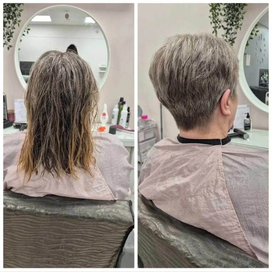 Side-by-side comparison of a woman's long, wet, brown hair before and her short, styled, gray hair after a haircut at a salon.