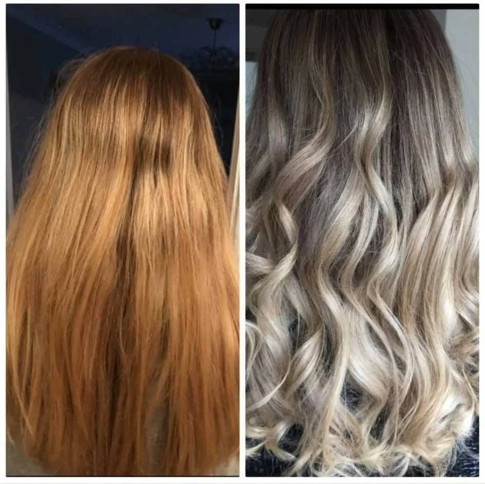 Side-by-side comparison of a woman's hair before and after styling. The left shows straight, reddish-blonde hair, and the right shows curly, blonde hair with darker roots.