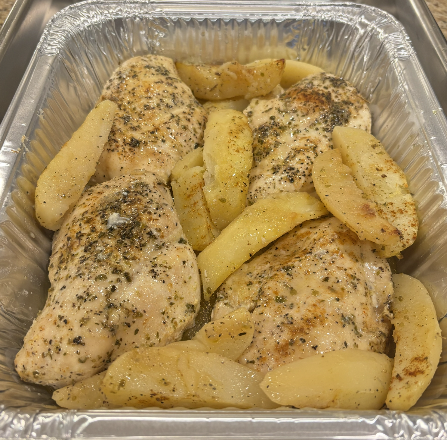 Greek Lemon-Herb Chicken Family Meal with Potatoes & Fasolakia
