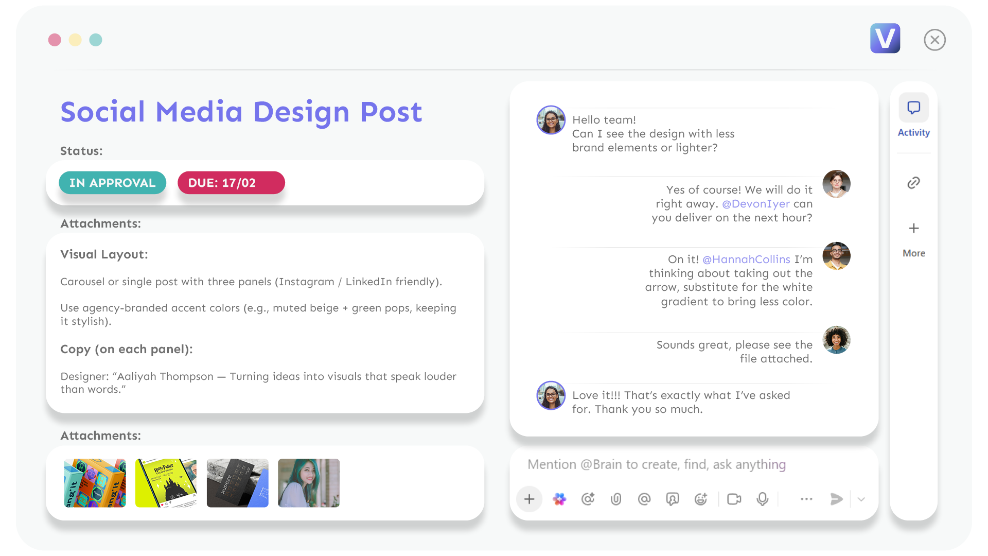 A digital workspace showing a social media design post draft with comments, attachments of books and a girl, and a status indicator of 'In Approval' and due date '17/02'.