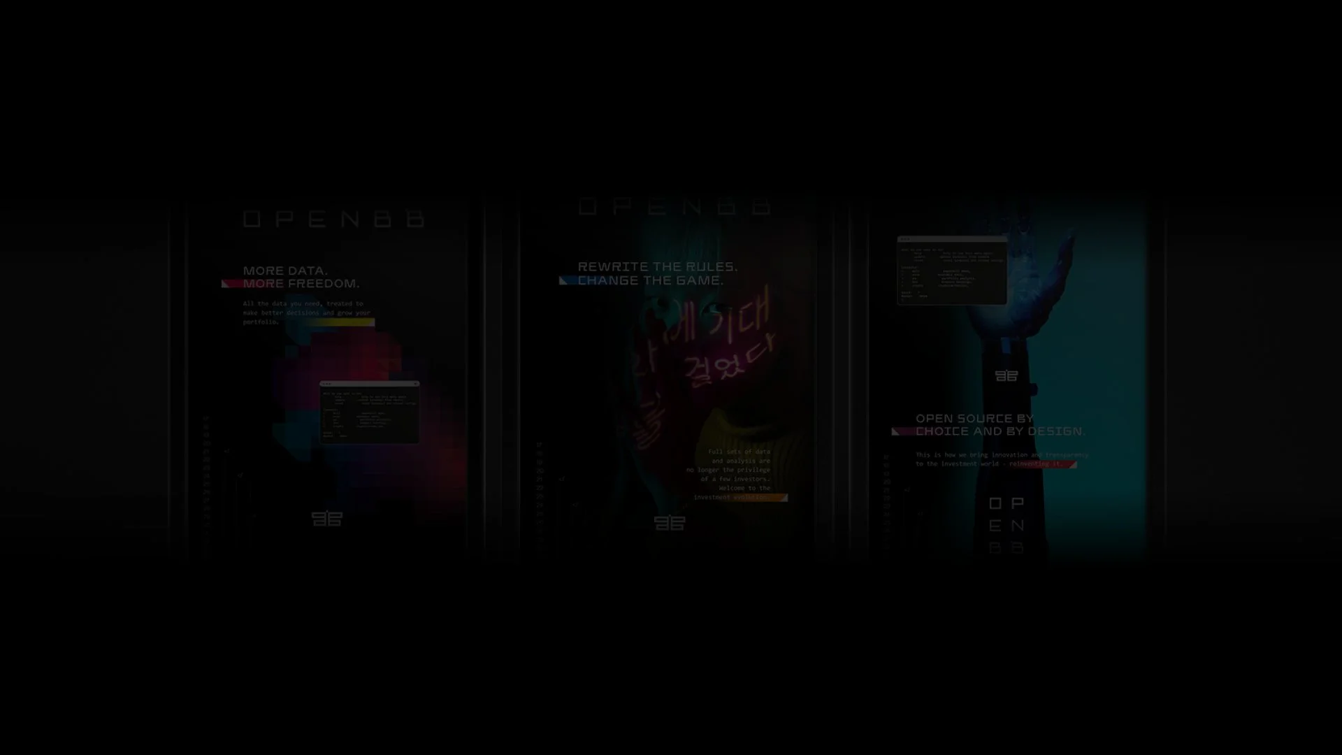 A series of three dark-themed posters for "OpenBB." The left poster highlights data analysis with a colorful pixelated design and text "More Data. More Freedom." The middle poster features text "Rewrite The Rules. Change The Game," with a neon effect. The right poster includes a digital hand with "Open Source By Choice and By Design" text, emphasizing innovation and transparency. Each poster contains small snippets of code, enhancing a tech-focused theme.