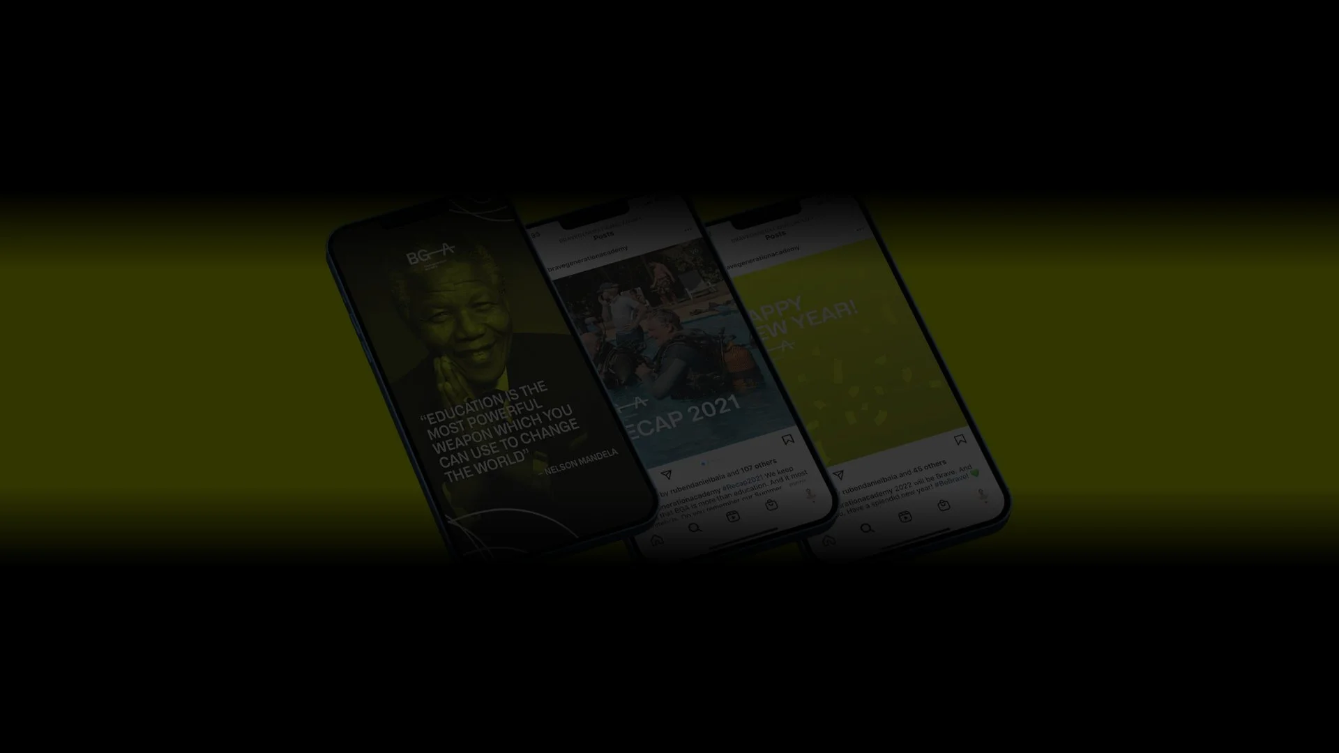 Three smartphone screens displaying social media posts on a greenish background. The left screen shows a quote by Nelson Mandela with his portrait. The middle screen highlights "Recap 2021" with a diving scene. The right screen features "Happy New Year!" text.