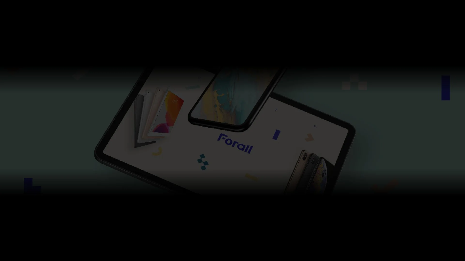 Tablets and smartphones floating on a green background with the word 'Forall' in the center, surrounded by geometric shapes.