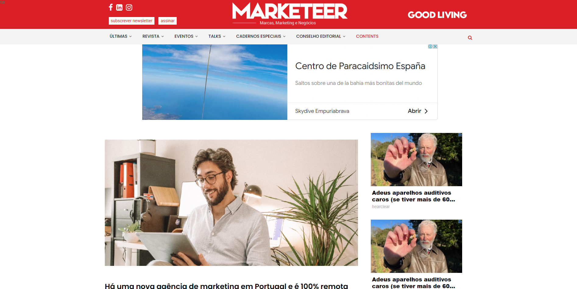 Web page from "Marketeer" magazine featuring ads, a man reading, and navigation options.