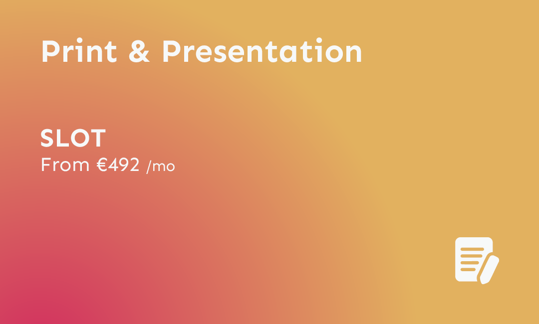 A promotional graphic for print and presentation services displaying a starting price of €492 per month, with a gradient background transitioning from pink to yellow.