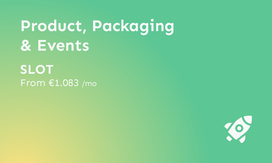 Green gradient background with white text promoting products, packaging, and events with a price starting at €1,083 per month; includes a small white rocket icon in the bottom right corner.