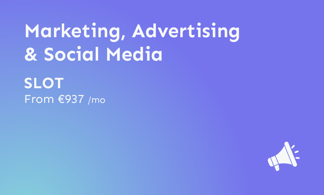 Advertising banner for marketing, advertising, and social media services with a gradient blue background, white text, and a small white megaphone icon.