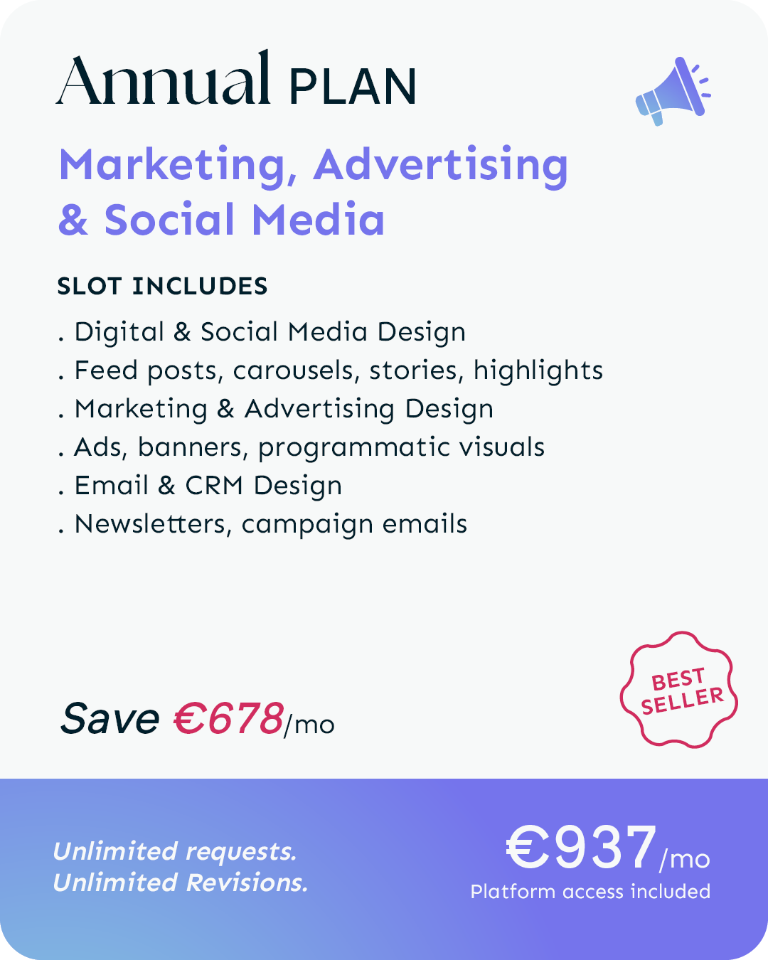 Annual marketing, advertising, and social media planning offer with a list of included services and prices, featuring a megaphone icon and a 'Best Seller' badge.