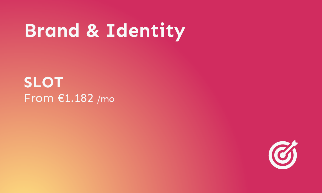 Gradient background with promotional text for a brand called SLOT, highlighting a price starting at €1,182 per month, and a target icon in the bottom right corner.