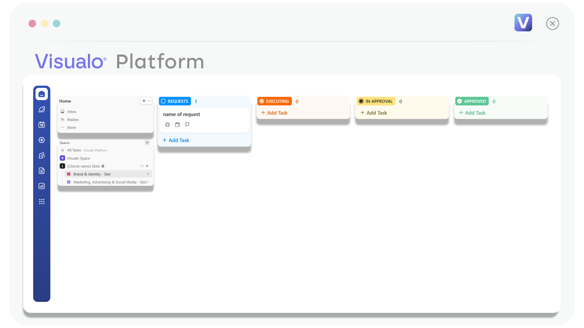 Screenshot of a project management platform with various task stages including Requests, Executing, In Approval, and Approved, along with a sidebar containing menus for inbox, replies, spaces, and folders.