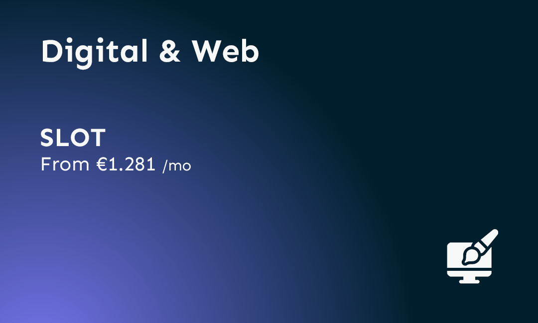 Digital and web services pricing information with a blue gradient background, showing a plan called SLOT starting from €1,281 per month, and an icon of a computer with a paintbrush.