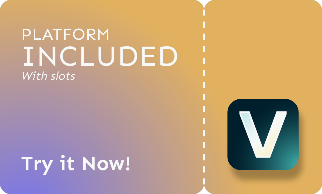 Graphic promoting a platform called V with the words "Platform Included with slots" and "Try it Now!" on a gradient background