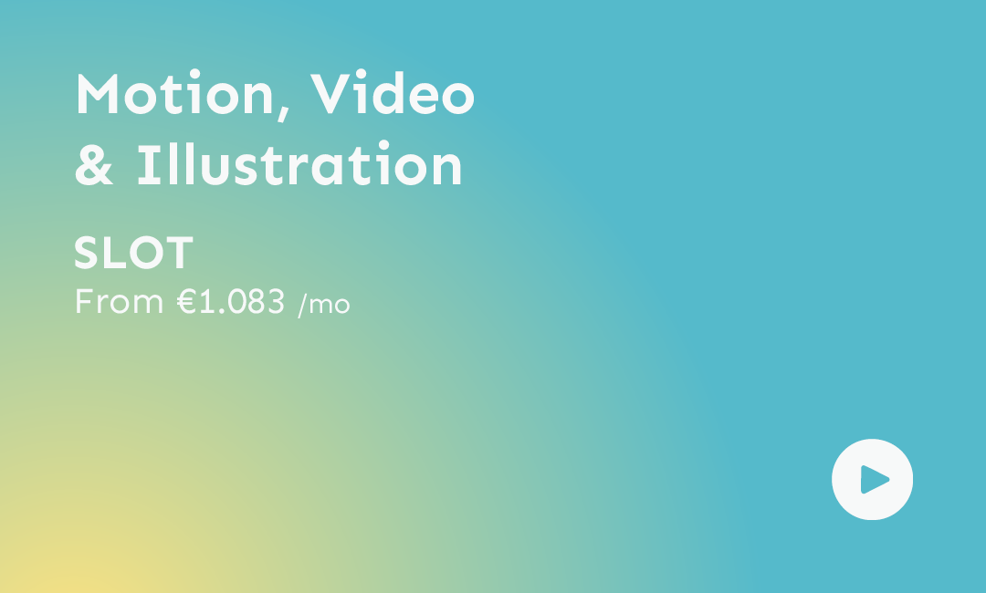 Digital advertisement for motion, video, and illustration services with a gradient background, white bold text, and a play button icon.