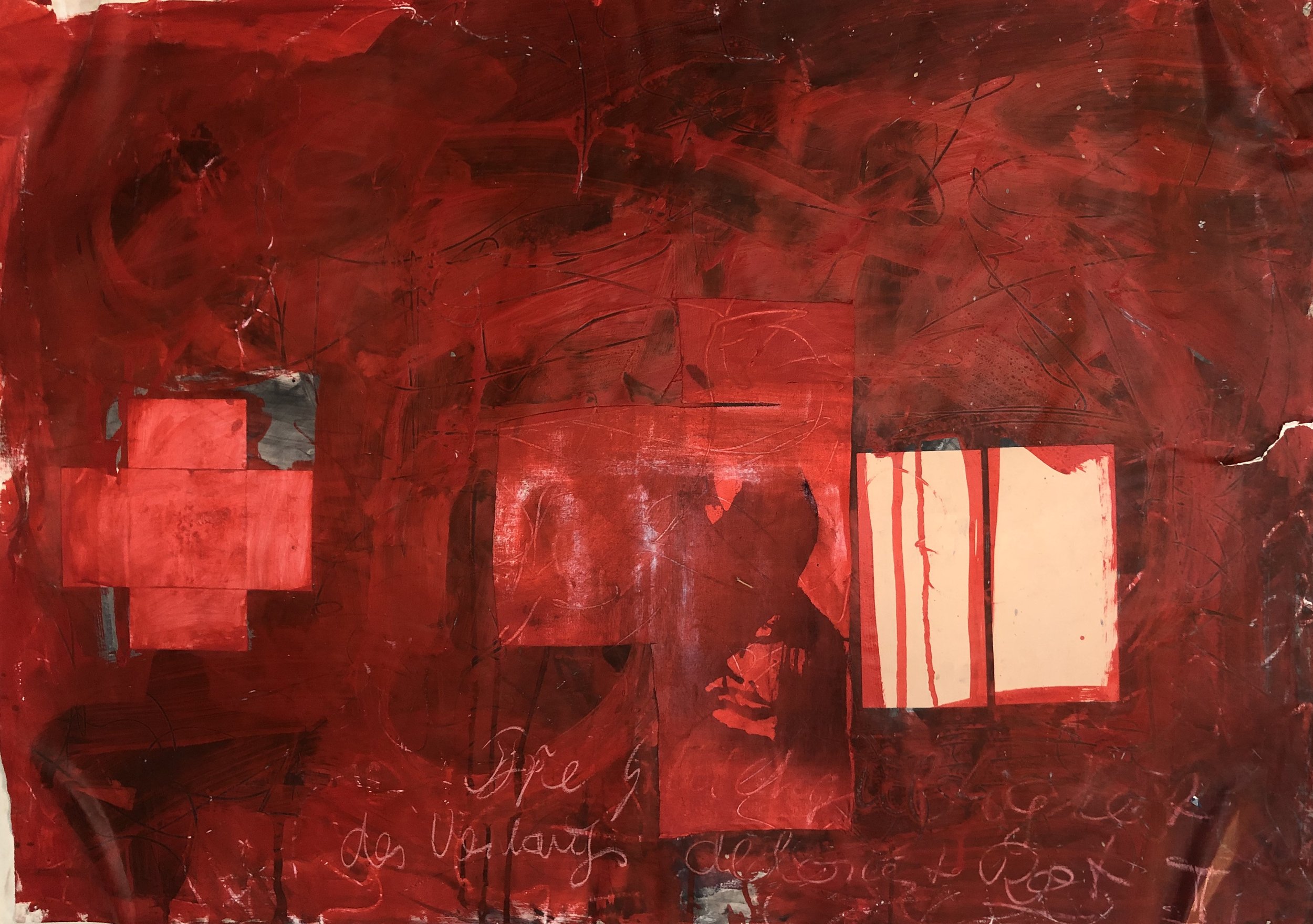'Cross in Red', 110 x 80cm, Collage and mixed media on canvas