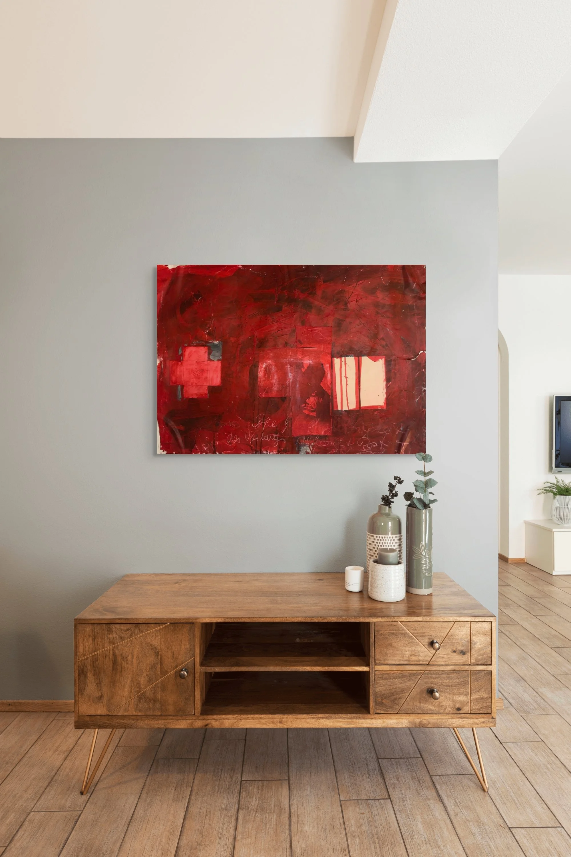 'Cross in Red', 110 x 80cm, Collage and mixed media, paper on canvas