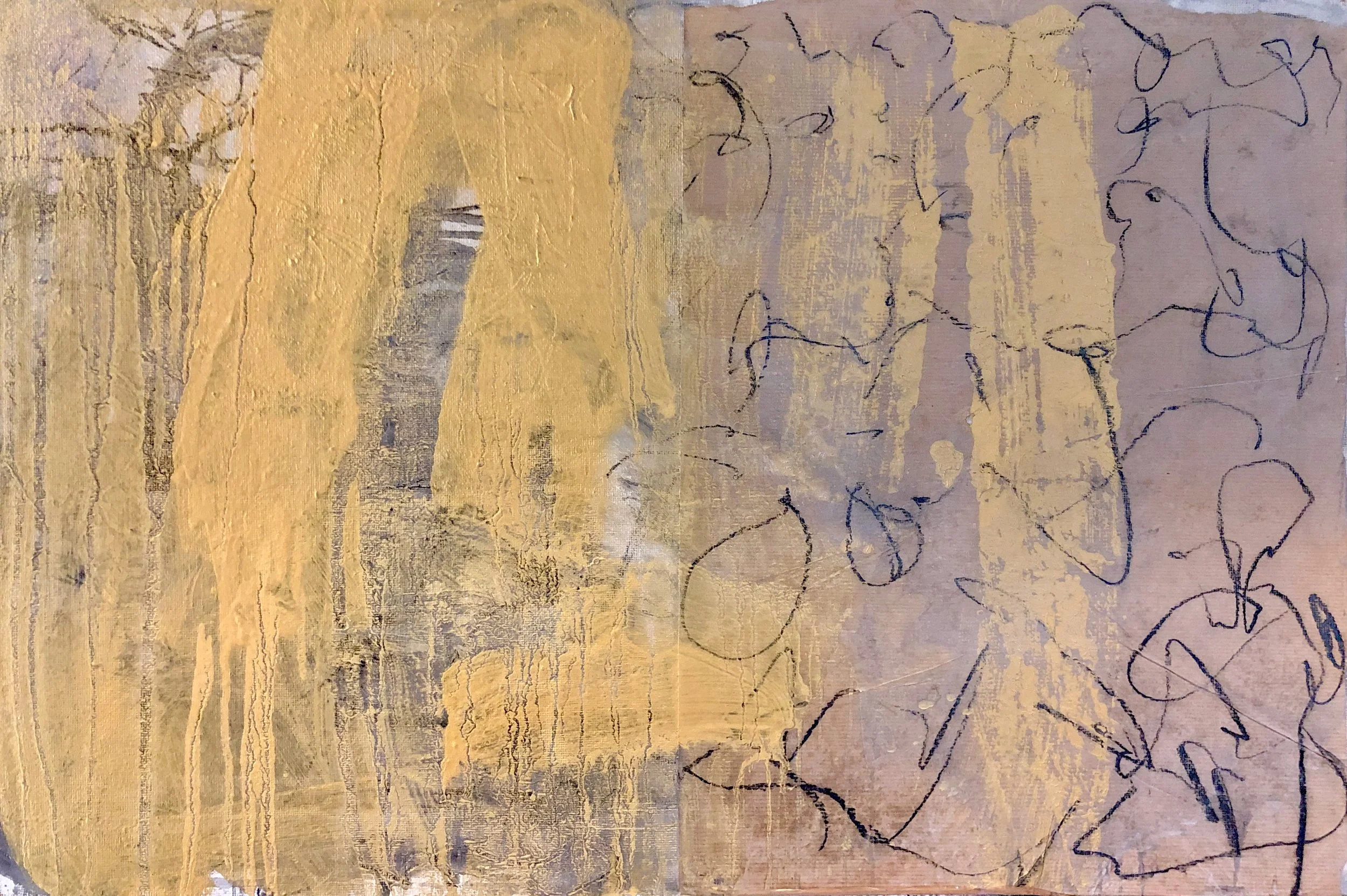 'Murmurs in Gold', 91 x 61 cm, Collage and mixed media on Cardboard