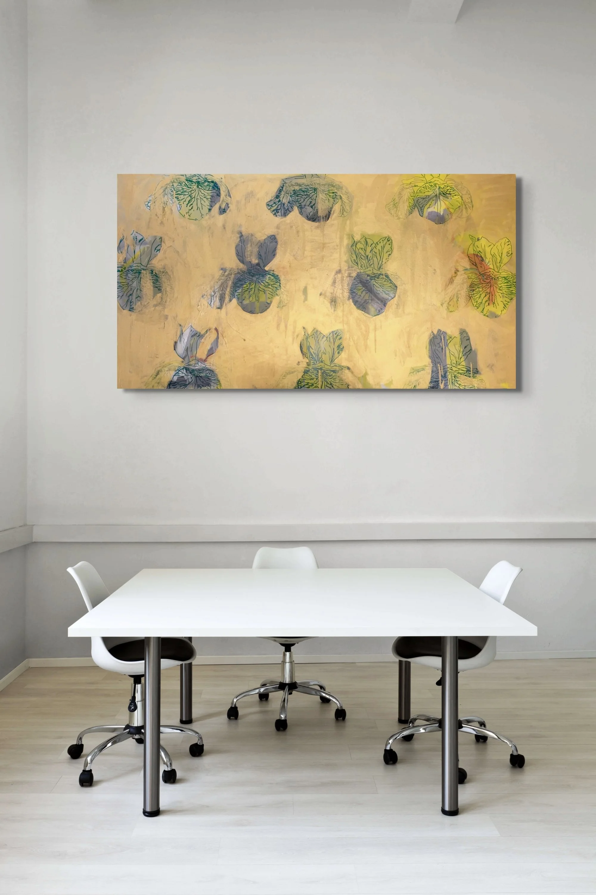 'Irises on Gold', 150 x 80cm, Mixed Media on Canvas