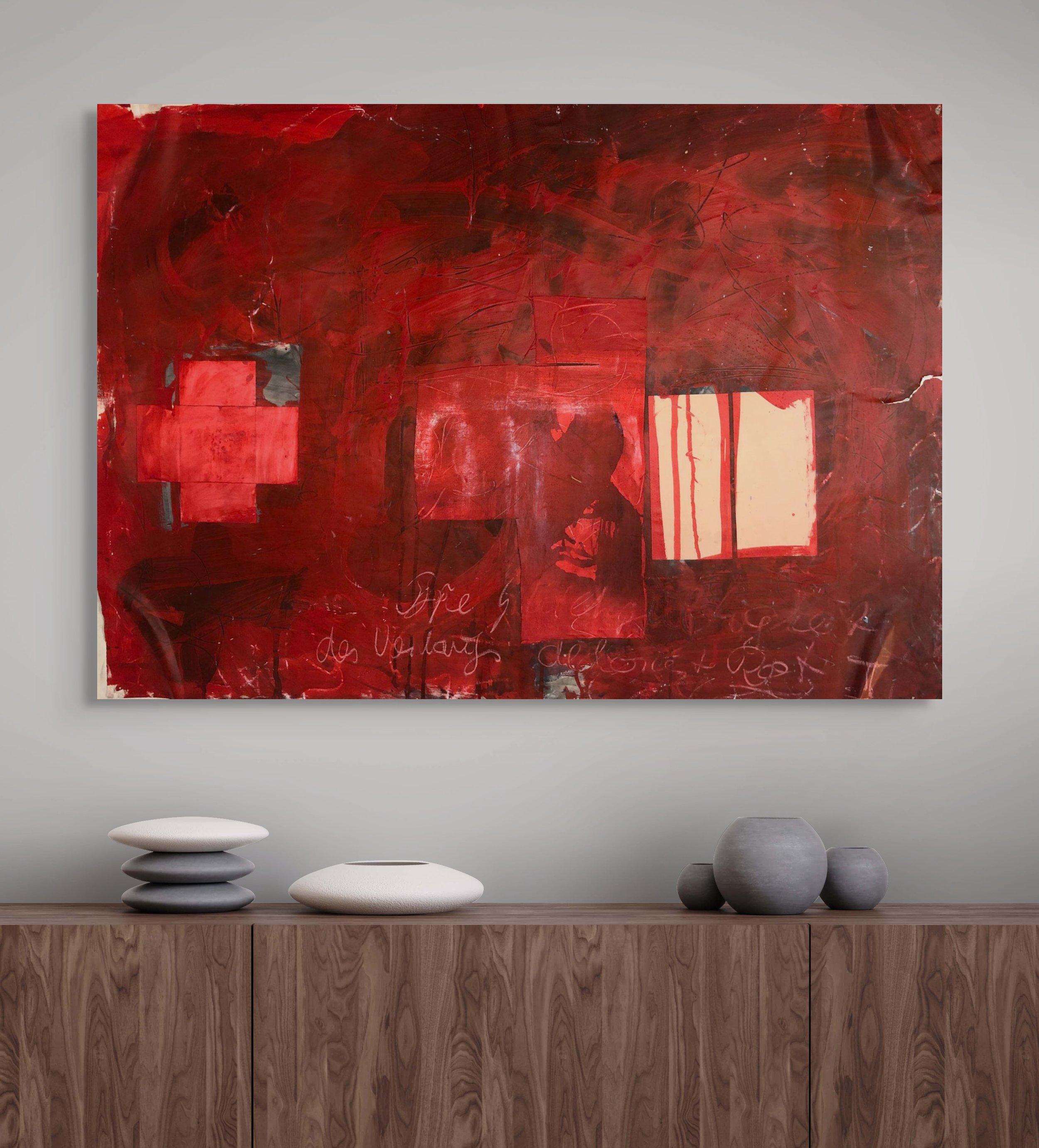 'Cross in Red', 110 x 80cm, Collage and mixed media, paper on canvas