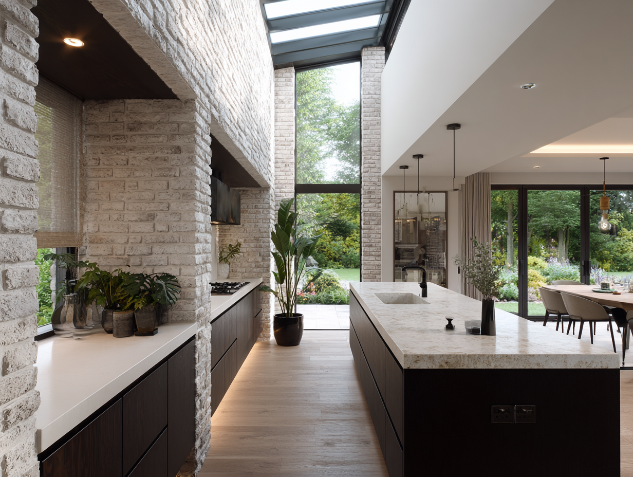 Modern kitchen with white brick walls, a large marble island, and floor-to-ceiling windows showing a garden outside.