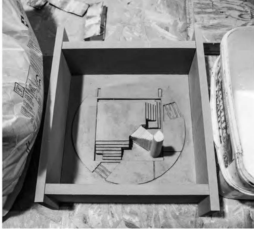 Top-down view of a plaster mould for a small architectural model of a design installation for Mount Jerome Cemetery, Harold's Cross, Dublin