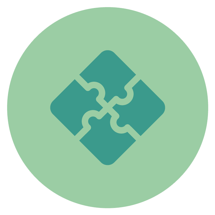 Simbolo di quattro pezzi di puzzle interconnessi, in colori blu e verde, su sfondo verde chiaro.